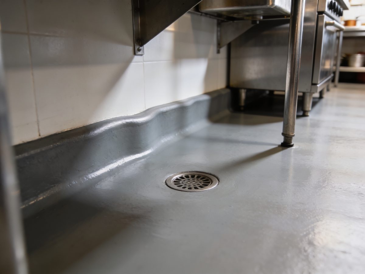 A commercial kitchen floor in seamless urethane cement with a coved base and a floor drain