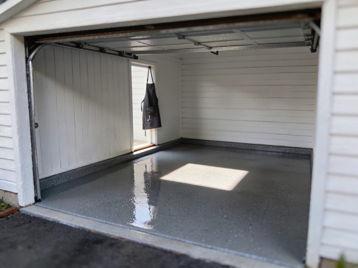 A single-bay detached garage with a slate-grey full-flake floor coating reflecting the open overhead door