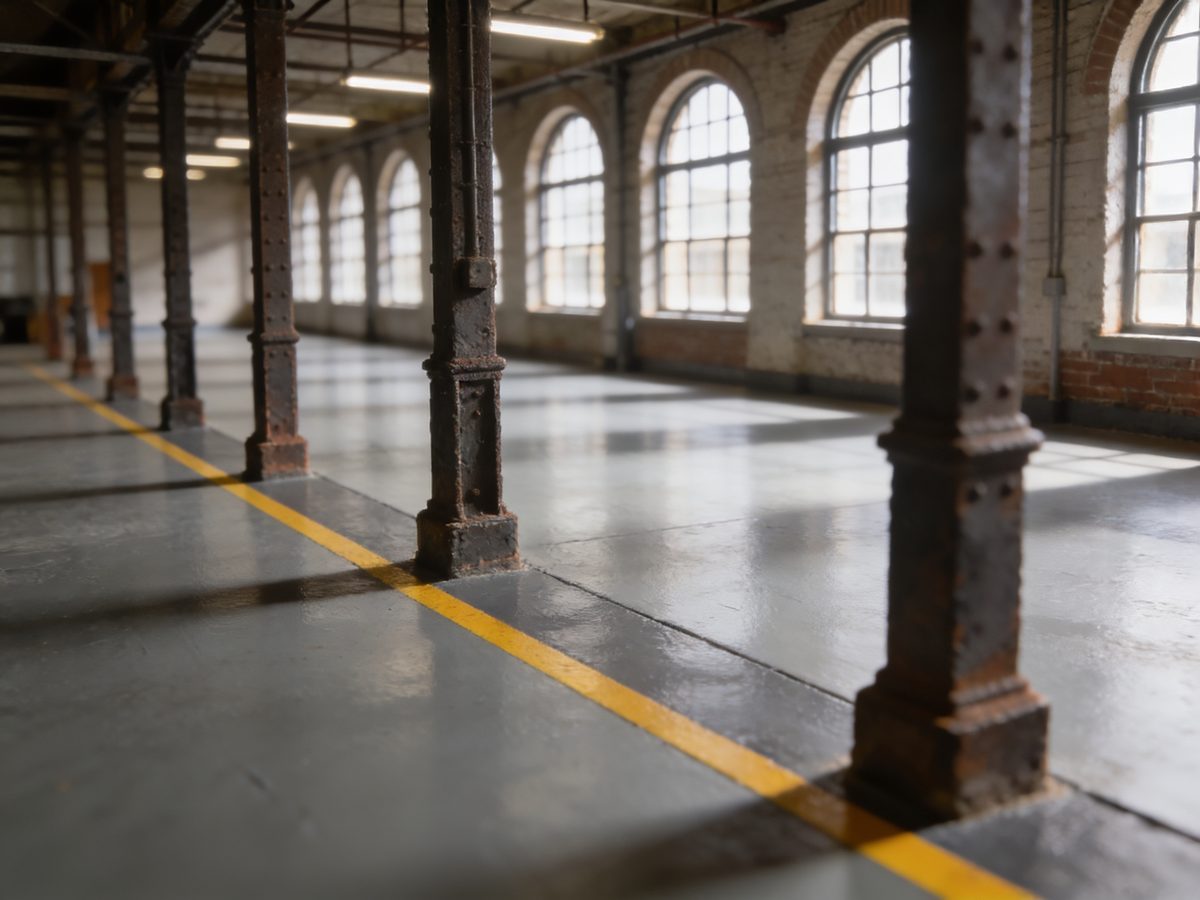 A converted textile mill floor in high-build grey epoxy between cast-iron columns, with yellow safety lane striping and tall arched windows