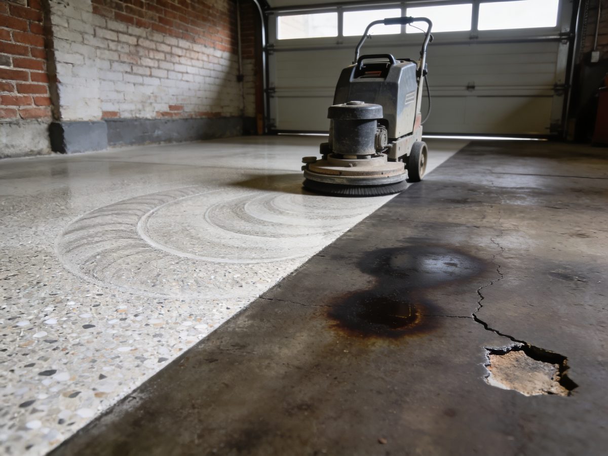 A slab part way through diamond grinding, freshly ground concrete meeting old stained concrete with a patched crack
