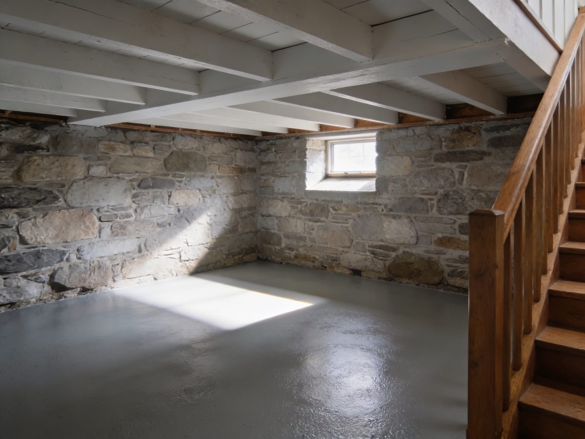 A finished cellar room with painted stone foundation walls, exposed joists overhead and a light grey flake floor coating